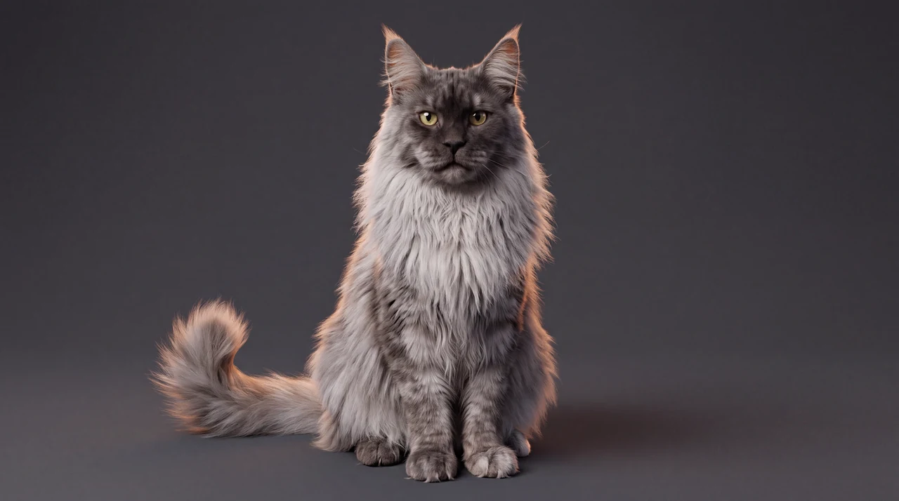 Seated 3D portrait of Albus: a silver-grey Maine Coon with a full mane and tufted ears.
