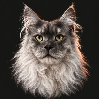 Albus, a silver-maned cat reimagined as an AI avatar, with tufted ears and golden-green eyes
