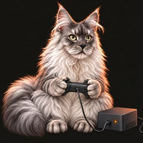 Albus holding a game controller connected to a gaming console by a cable