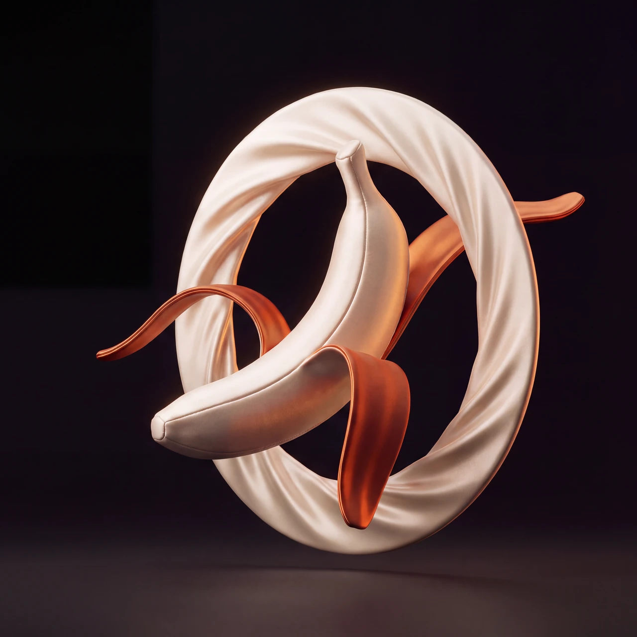 An ivory and orange satin banana crosses a sculptural fabric hoop.