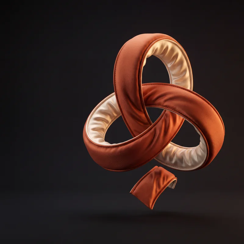 Loop-shaped ivory and orange satin sculpture.